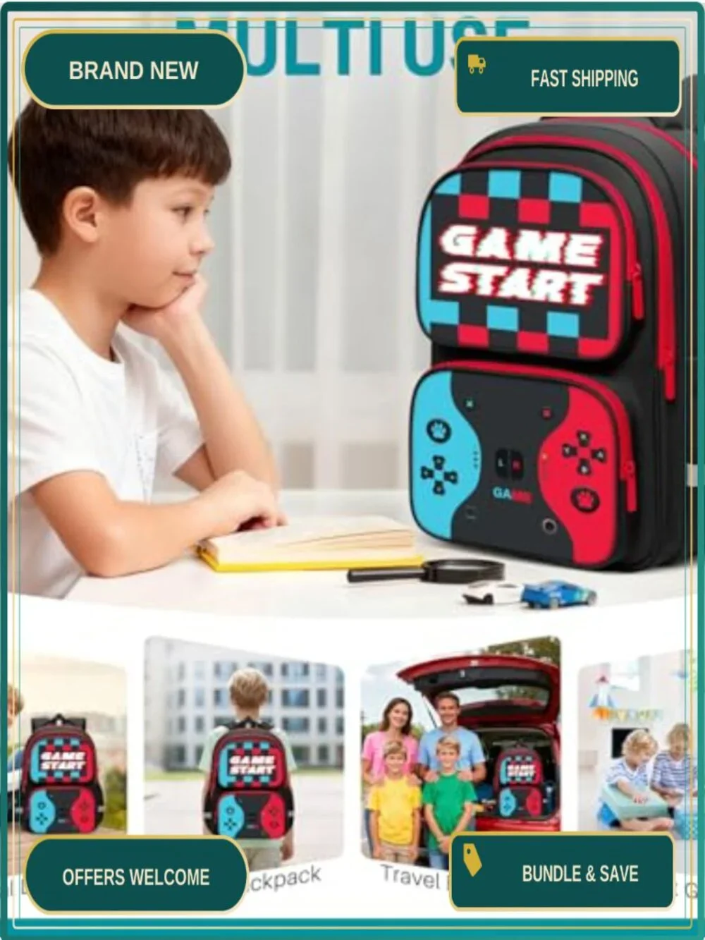 Kids Game Controller Backpack Boys Water Resistant School Bag Ergonomic
